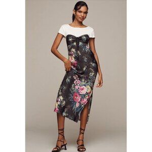 NWT Anthropologie Twofer Midi Slip Dress MEDIUM Black Floral Silky White T-Shirt